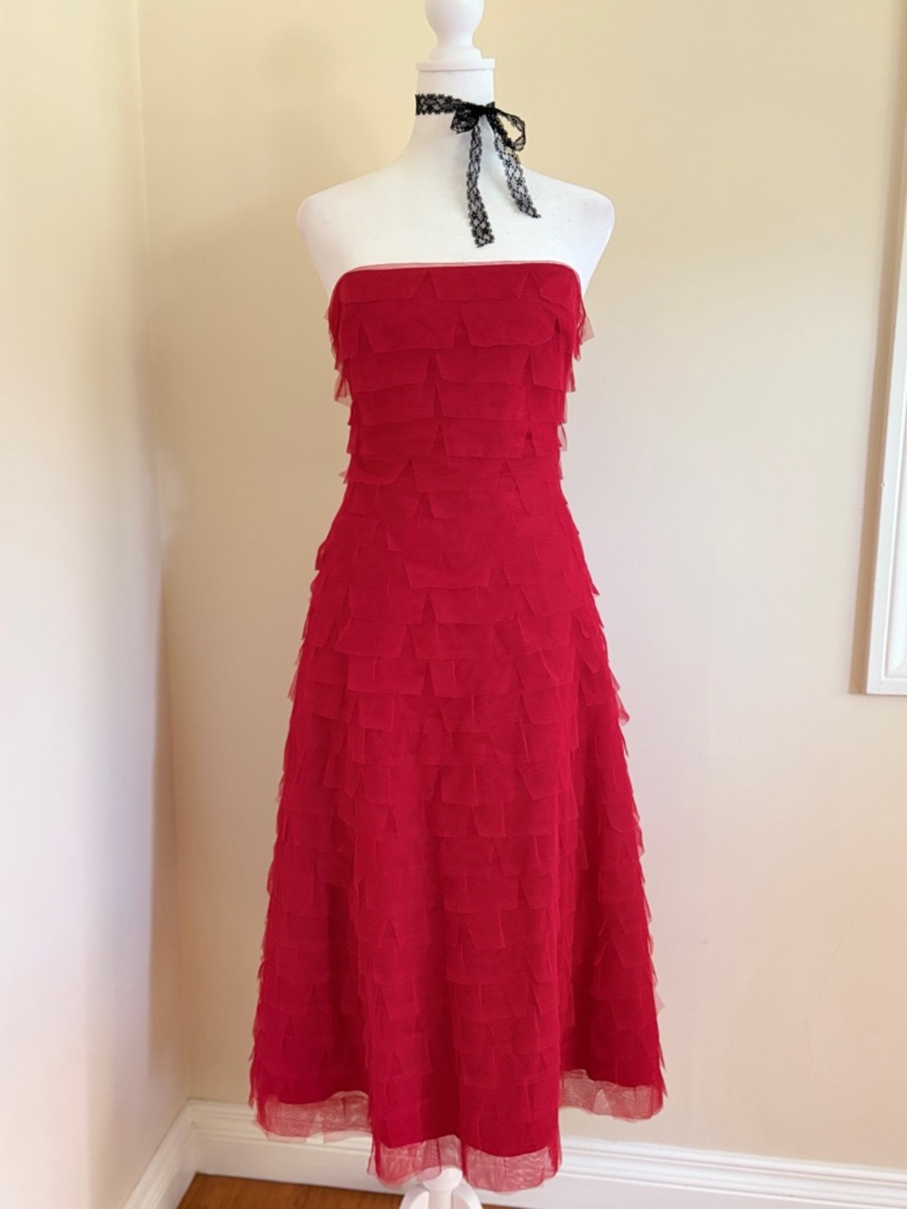 Vintage Y2K BCBG red chiffon ruffle formal dress retro 50s coquette strapless M